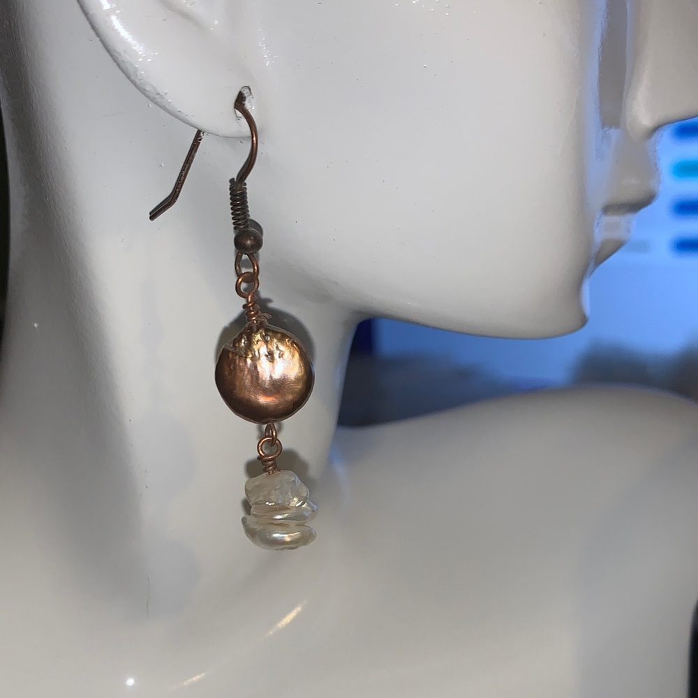 PULSE design Copper and cultured brown and white pearl Dangle Earrings